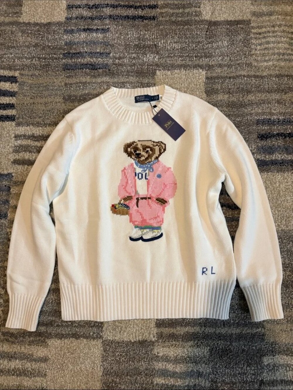 Ralph Lauren Cream Crewneck Sweater with Pink Bear Motif